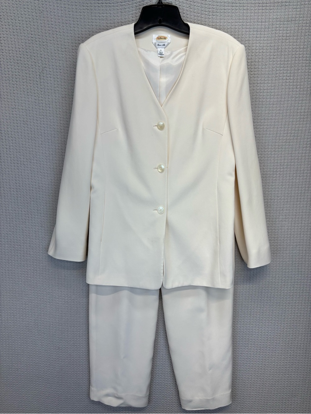 Talbots Ivory Cream Silk Two Piece Pantsuit Blazer Wedding MOTB Church Sz 4